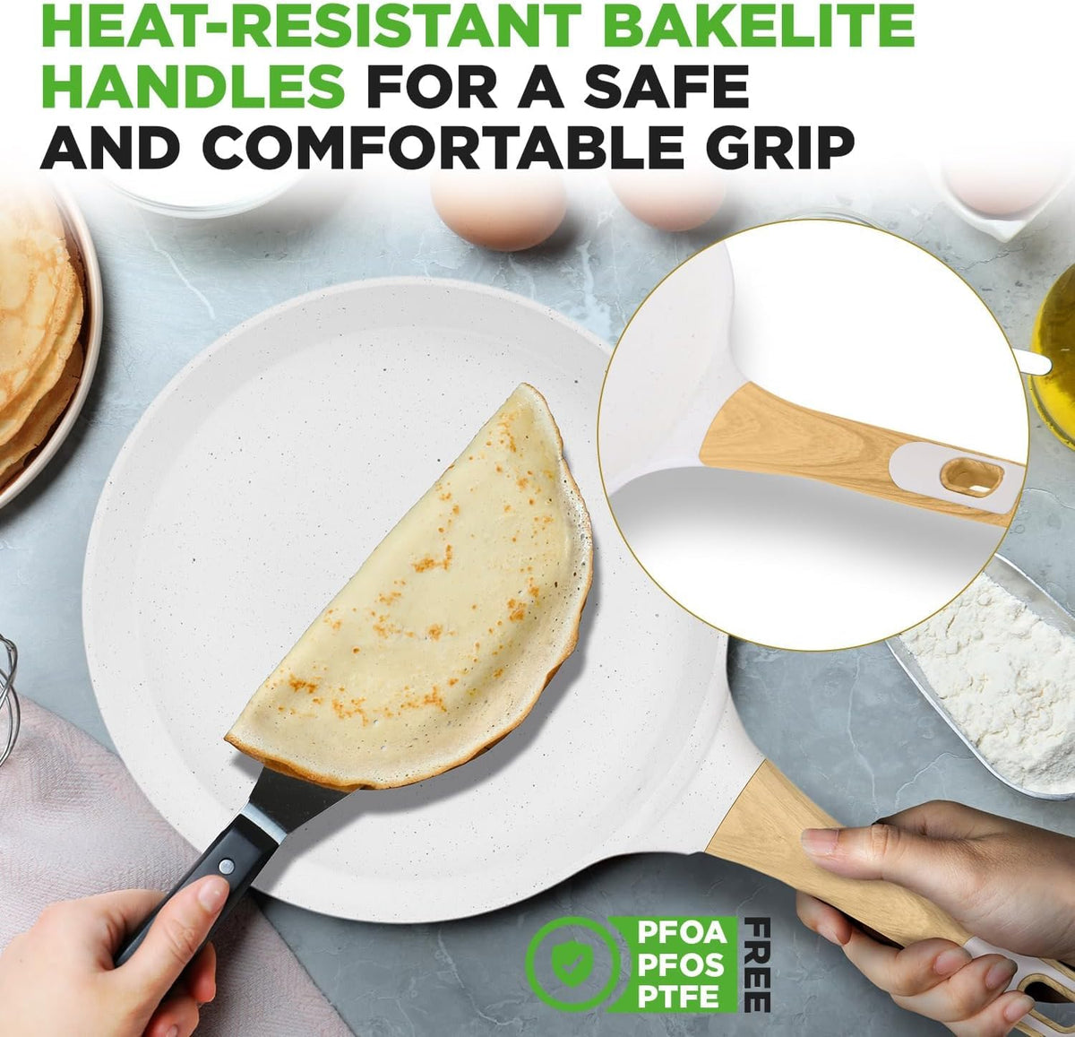 NutriChef 9.45” Non-Stick Crepe Pan with Wooden Spreader, Durable Marble Coated Dosa Pan, Bakelite Handle and Induction Bottom, PFOA/PFOS Free, Dishwasher Safe, Even Heat Distribution (White Cream)