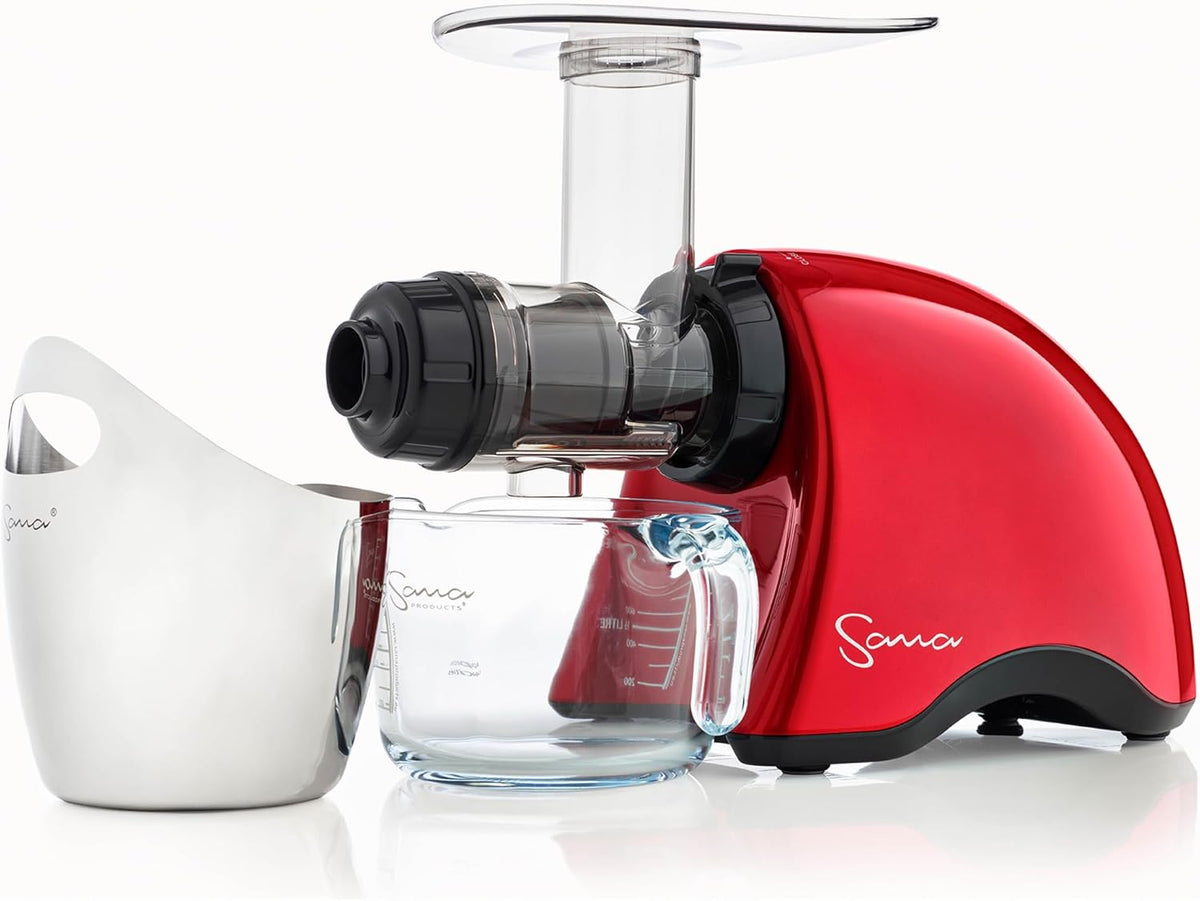 Cold Press SANA 707 Classic Horizontal Single Auger Slow/Low Speed Juicer | Easy Clean, Powerful Motor, Auto Feed, Compact, Celery Attachment, Frozen Desserts, Pasta Extrusion, 15 Year Warranty, Red