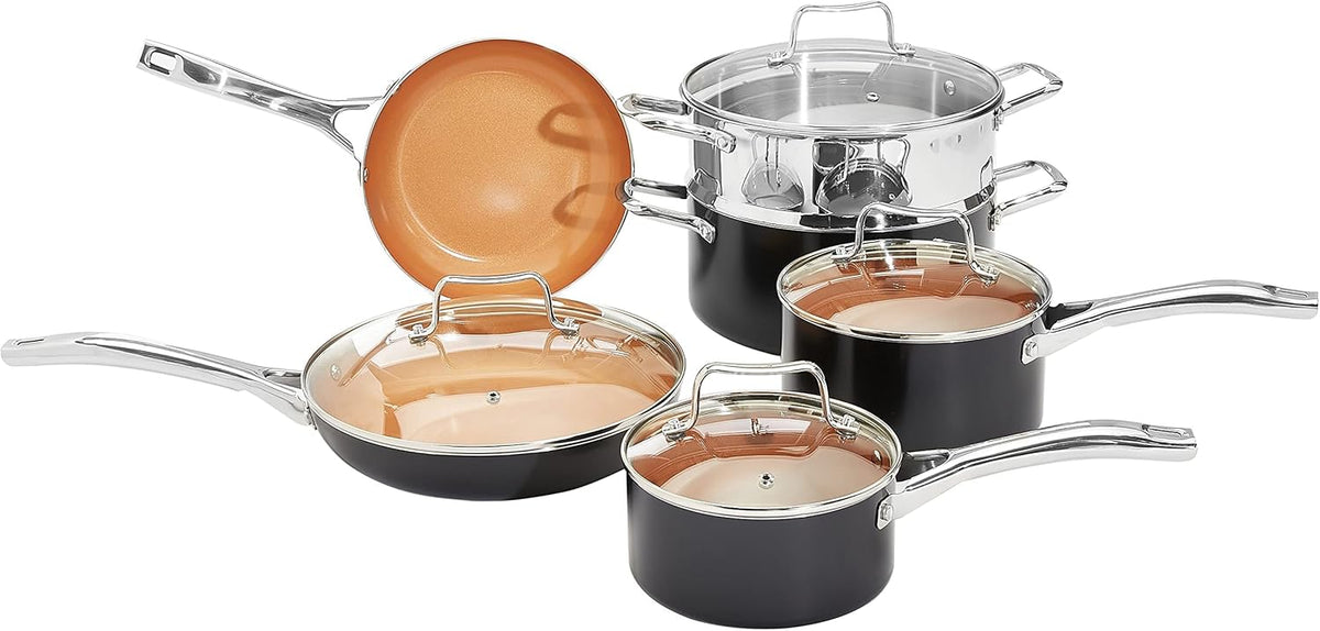 Amazon Basics Ceramic Nonstick Pots and Pans Cookware Set, Dishwasher & Oven Safe, Even Heating, 10-Piece Set, Copper Color