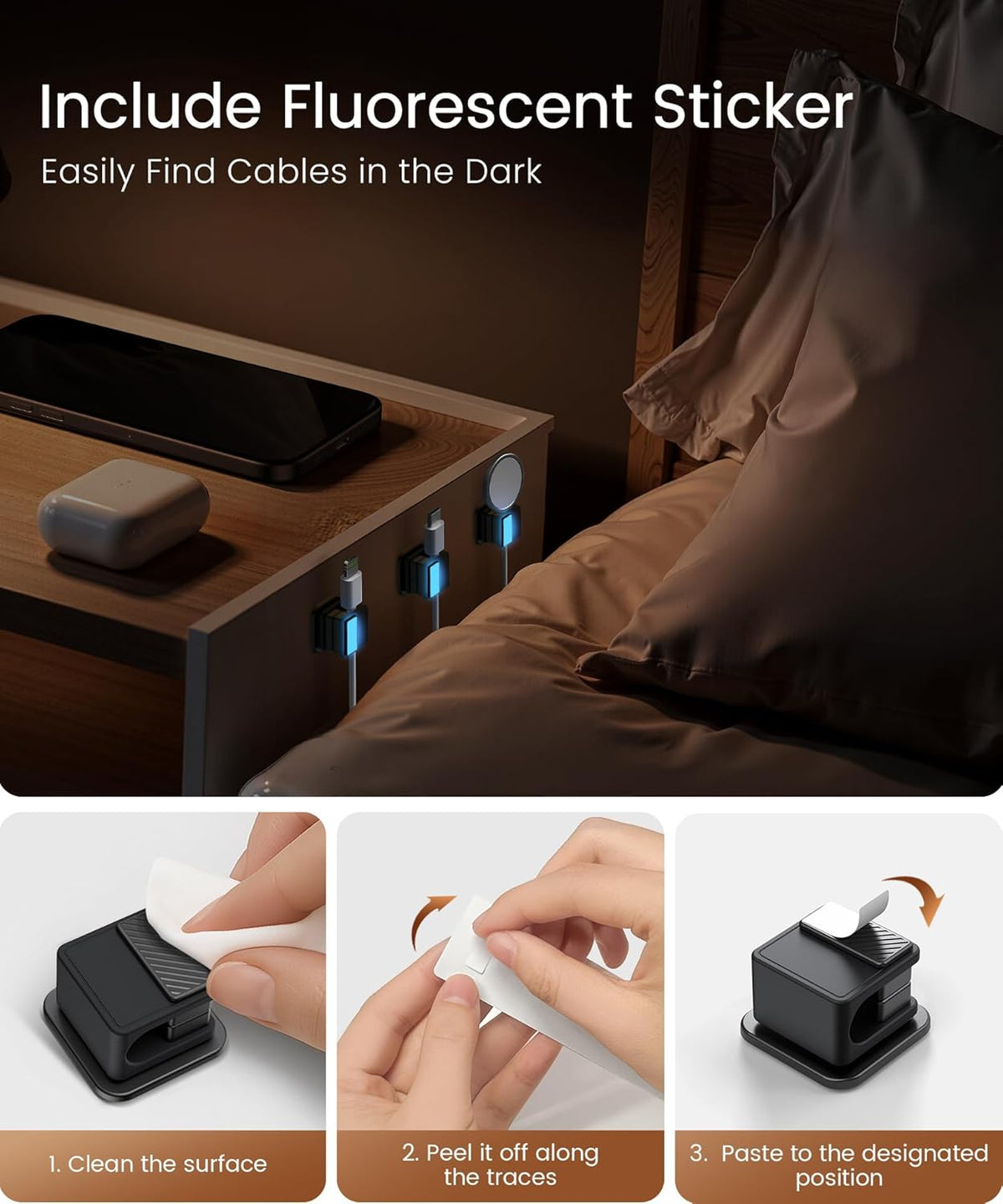 6 Pack Magnetic Cable Clips, Glow in The Dark Cable Holders, GolbinBox Cord Organizer with Shockproof Silicone, Fits up to 8mm Adhesive Cord Clips for Desk, Wall, Nightstand, Car, Home, Office, Black