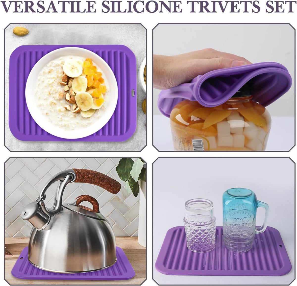 Silicone Trivet for Hot Dishes, 2 Pack Purple Heat Resistant Silicone Hot Pads Pot Holders for Kitchen Counter Non-Slip Trivets for Hot Pots and Pans, 9'' x 12'' Large Dish Drying Mat & Spoon Rest