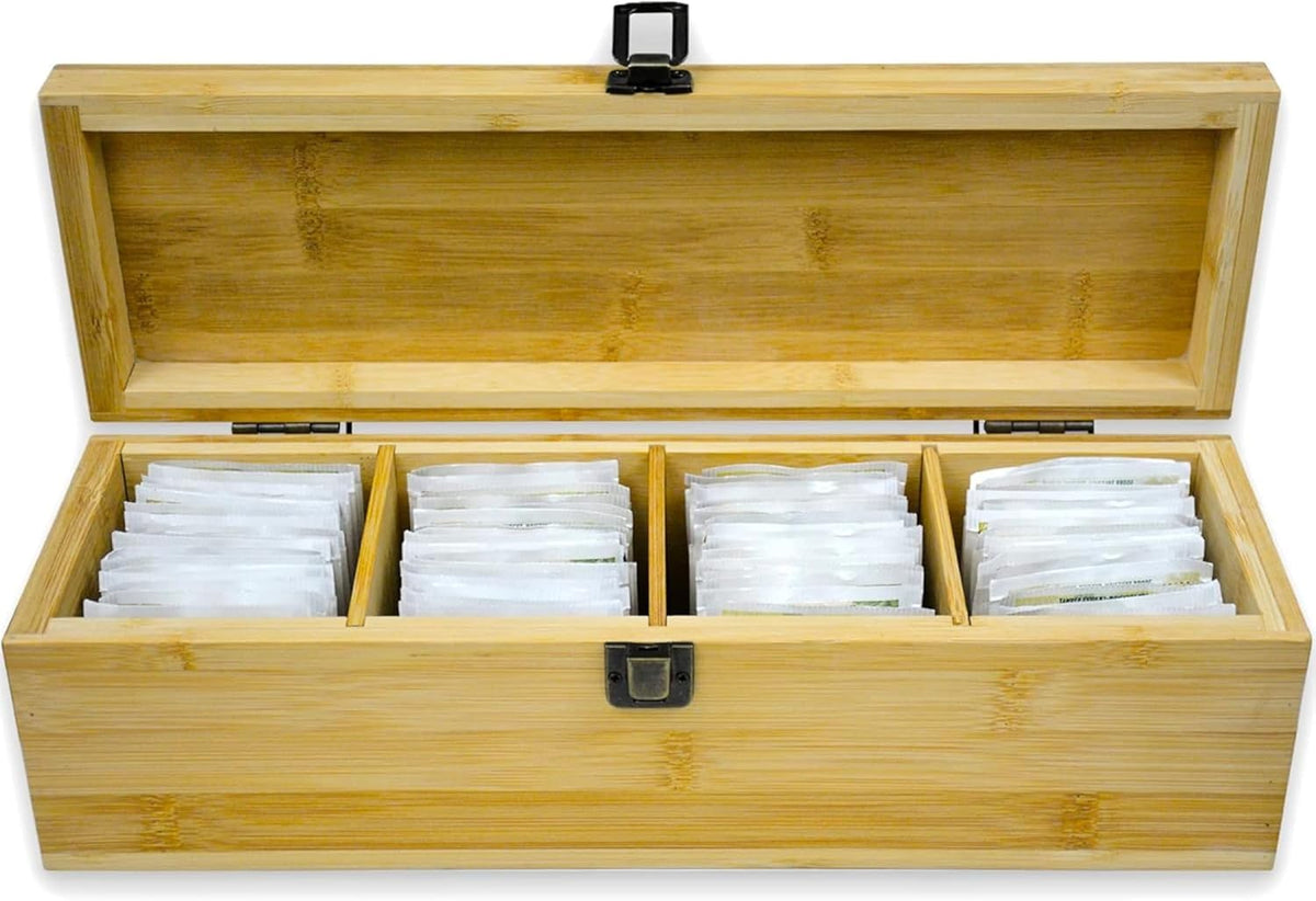 Tea Organizer Box Food Safe Bamboo Wood Chemical Free Big, Tall, Adjustable Cubbies Natural Storage Chest (4-Slot Across 14.3" x 4.4" x 4.2" with Tea Cup design)