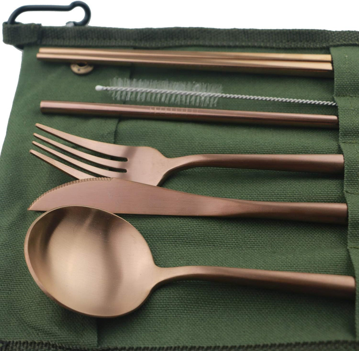 Portable 6 Pieces Flatware Set, 304 Stainless Steel Knife, Fork, Spoon, Chopsticks, Metal Straw, Cleaning Brush, Durable Travel Cutlery Set, Army Green Pouch Bag, Rose Gold