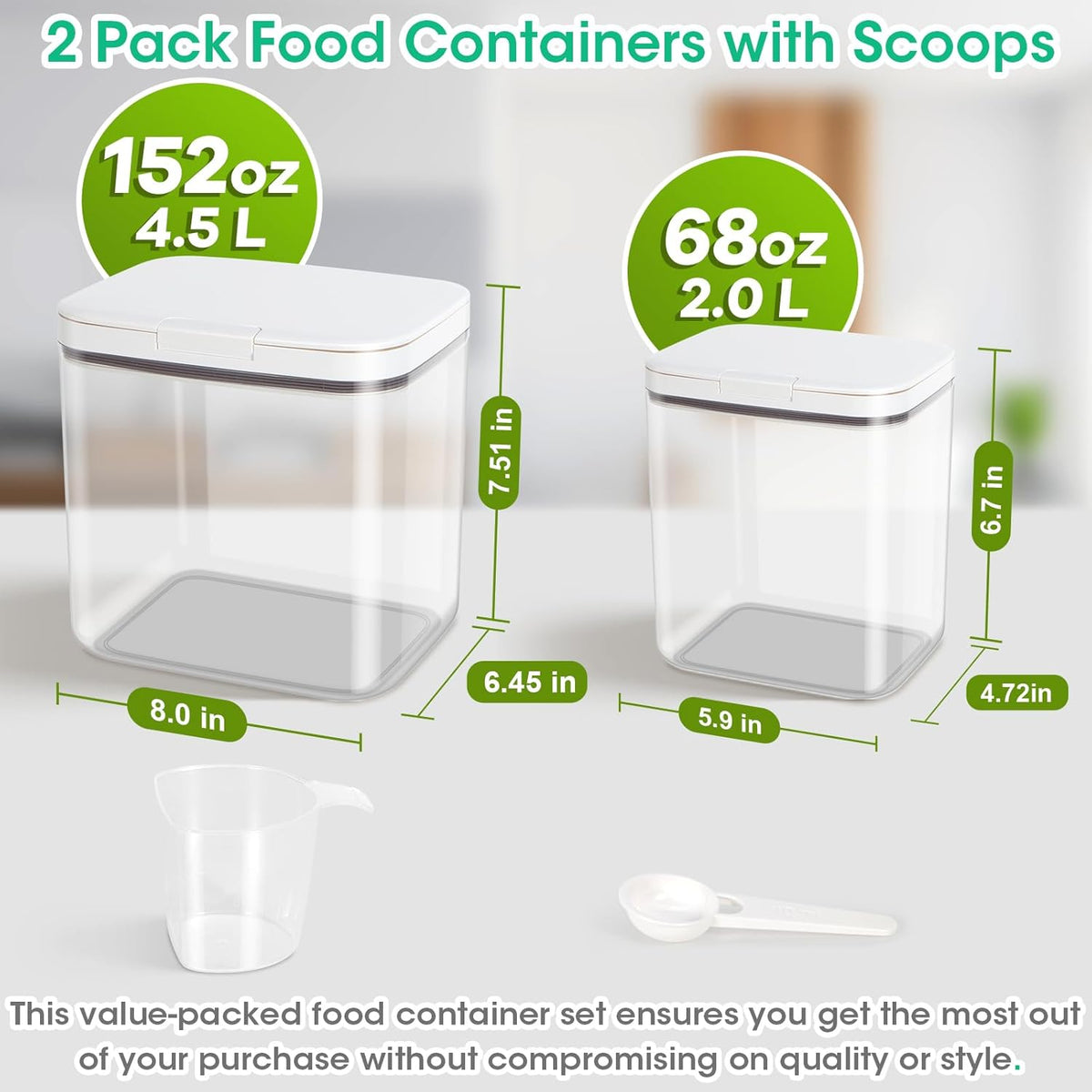 2 Pack Flour and Sugar Storage Containers with One-Press Flip-up Lid, 2.1Qt + 4.75 Qt Food Storage Container for Rice, Nuts, Snack, Dog Treat, Laundry Room, Kitchen Organization