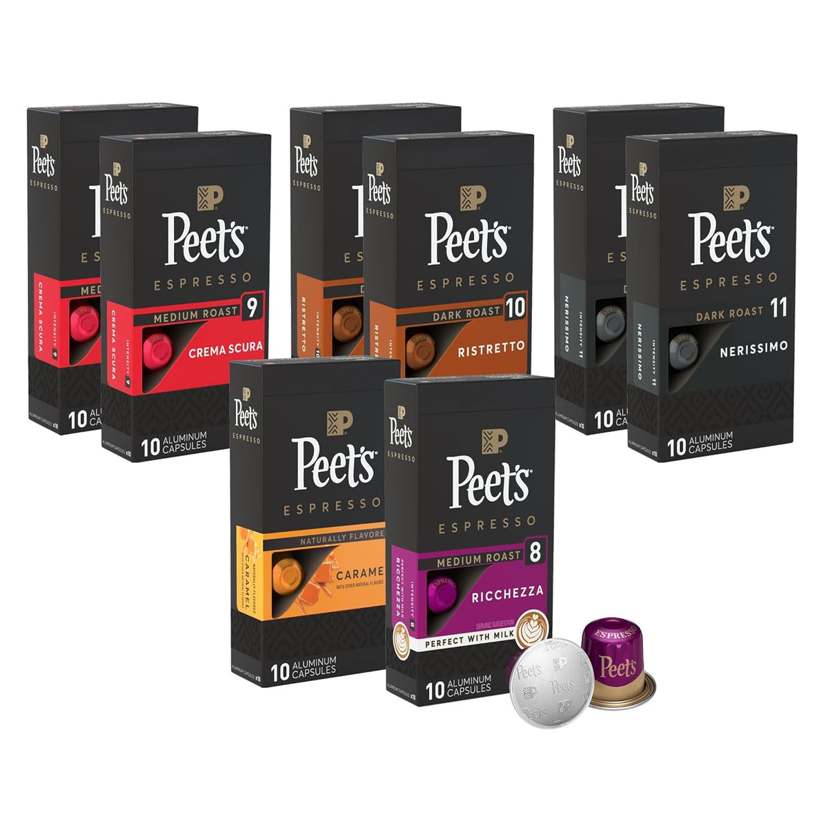 Peet's Coffee, Dark Roast Espresso Capsules Variety Pack, Compatible with Nespresso Original Machine - Intensity 8-11, 80 Count (8 Boxes of 10 Espresso Capsules)