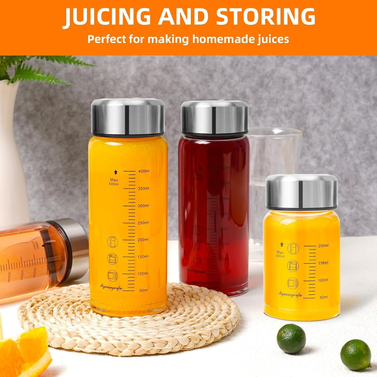 Glass Juice Bottles 4 Pack 10 oz - Wide Mouth Glass Water Bottles with Lids - for Juicing, Smoothies, Milk, Protein, BPA Free, Reusable, Stainless Steel Lids, Leak Proof, Shaker bottle (10oz/300ml)