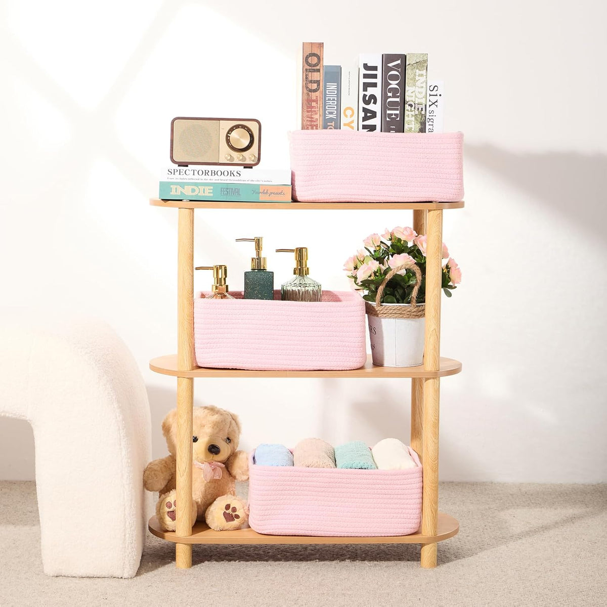 Small Storage Baskets for Organizing | Closet Organizer Bins | Shelf Toy Basket | Woven Rope Baskets | Cube Decorative Box | Shallow Basket | 13x8.5x5.1” | 3 Packs Pink