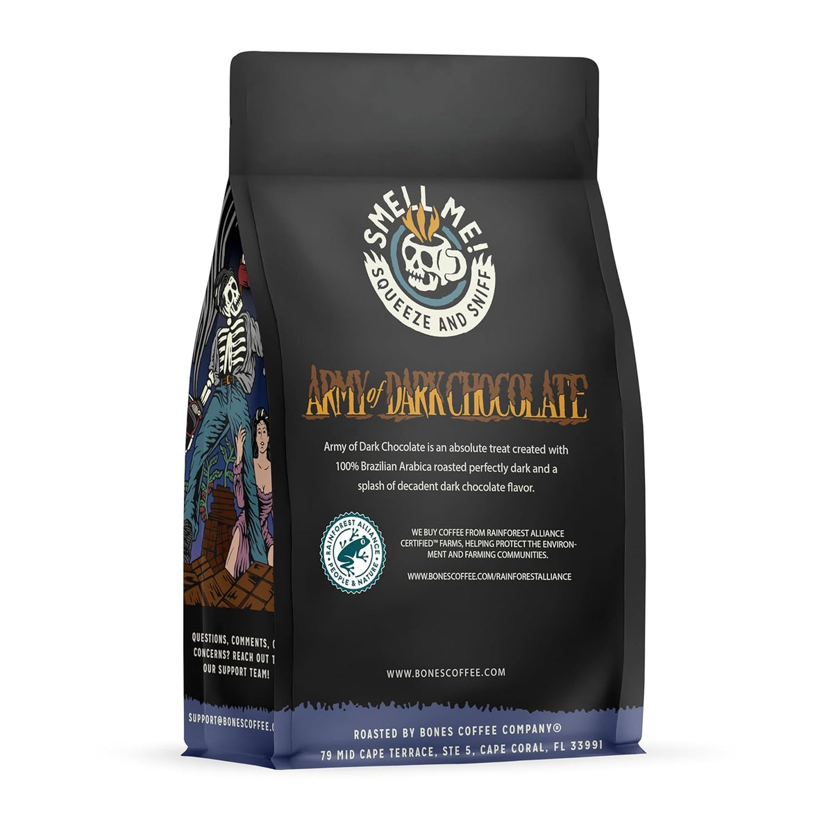 Bones Coffee Company Army of the Dark Chocolate Flavored Coffee, Medium Roast Low Acid Arabica Beans Compatible with Auto drip and French Press Coffee Maker, 12 Oz Ground