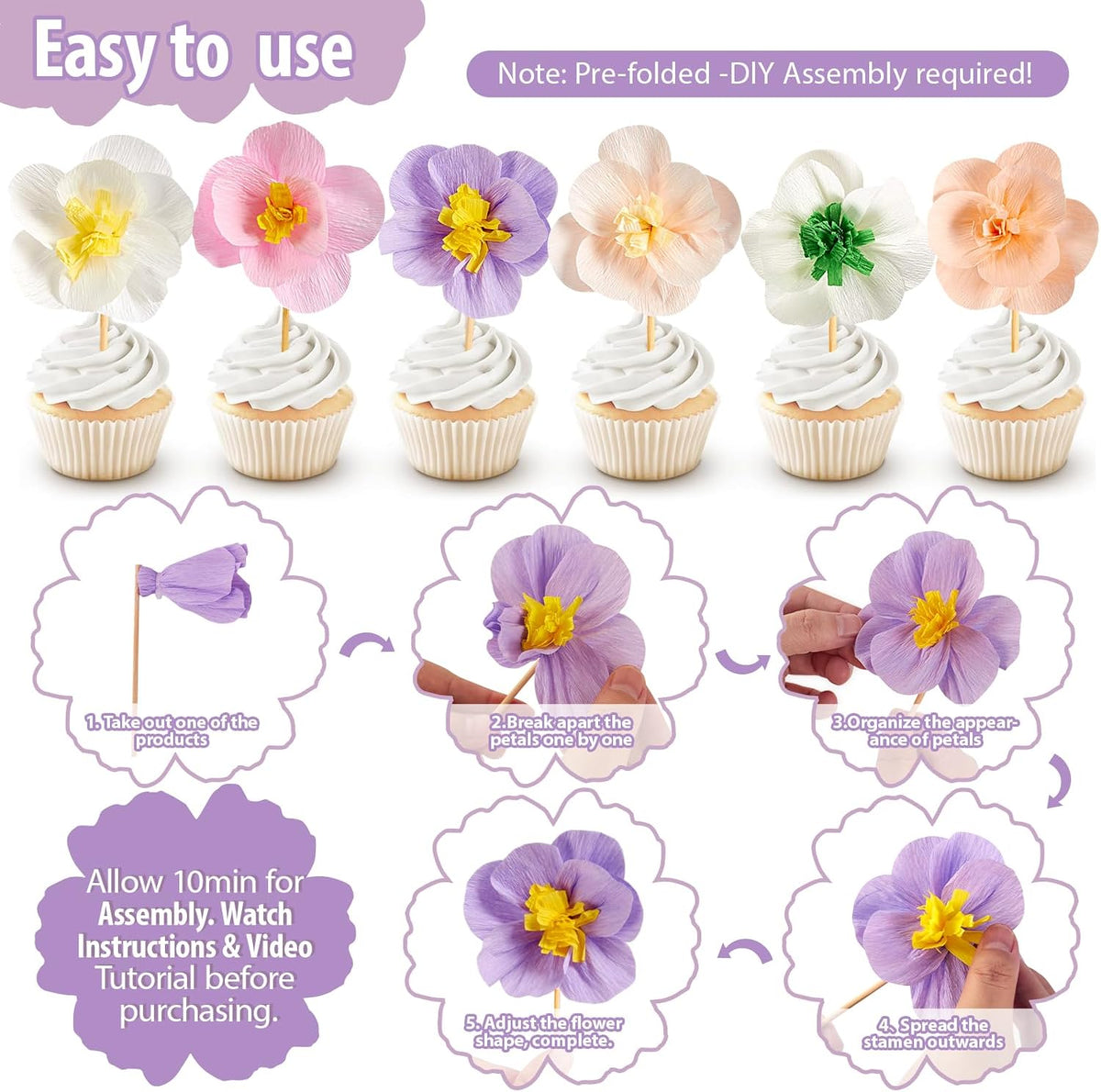 Easy Joy Cupcake Toppers, Wildflower Party Decorations, Flower Cupcake Toppers, Baby in Bloom Baby Shower Decorations for Kids Cake Birthday Party, Wedding, Flowers Wedding Themed Party 16PCS