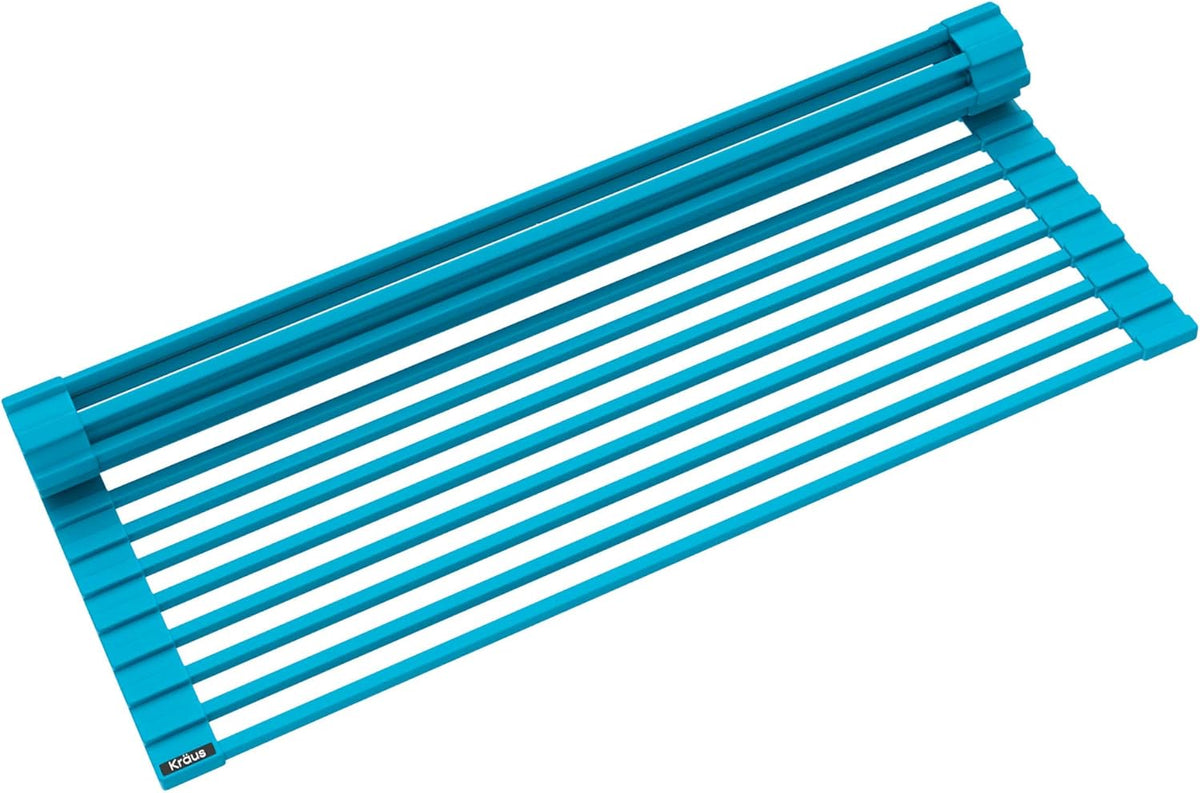 KRAUS Multipurpose Workstation Sink Roll-Up Dish Drying Rack, Colander and Trivet in Aqua, KRM-11AQ
