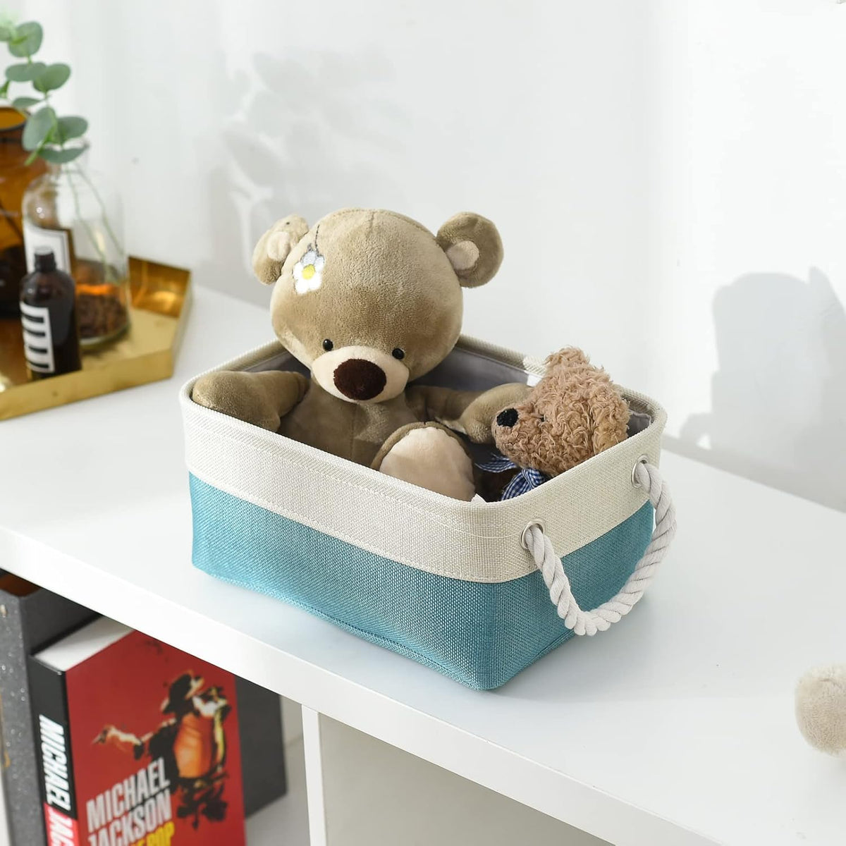 TheWarmHome Fabric Storage Bin with Handles,Storage Basket for Home Storage and Organization, Shelf Basket with Cover for Living Room Bedroom Decor Closet（White & Green,Small ,11.8L×7.9W×5.2H