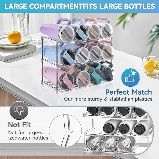 Larger Water Bottle Organizer for Stanley 40 oz Tumbler, Stackable Water Bottle Holder Rack for Cabinet, Kitchen Storage Organizer for for Stanley Cup Accessories, Tumbler Storage Holder, 3 Pack