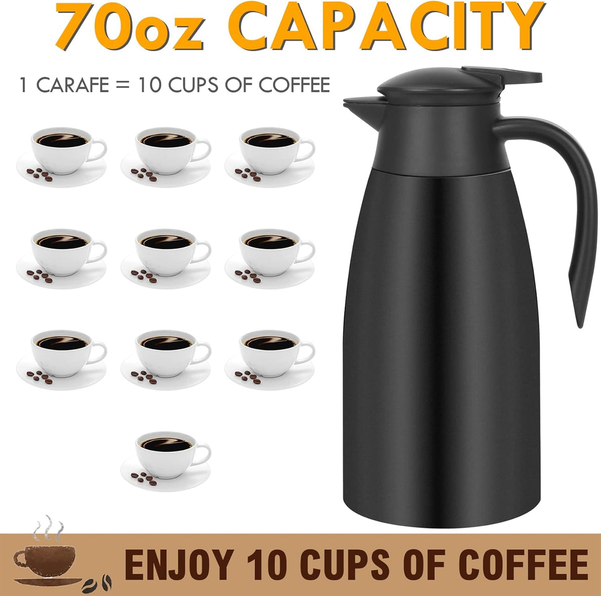 70oz Thermal Coffee Carafe Insulated Coffee Thermos, Stainless Steel Insulated Vacuum Coffee Carafes For Keeping Hot, Double Walled Insulated Vacuum Flask, Tea Water Coffee Dispenser Airpot