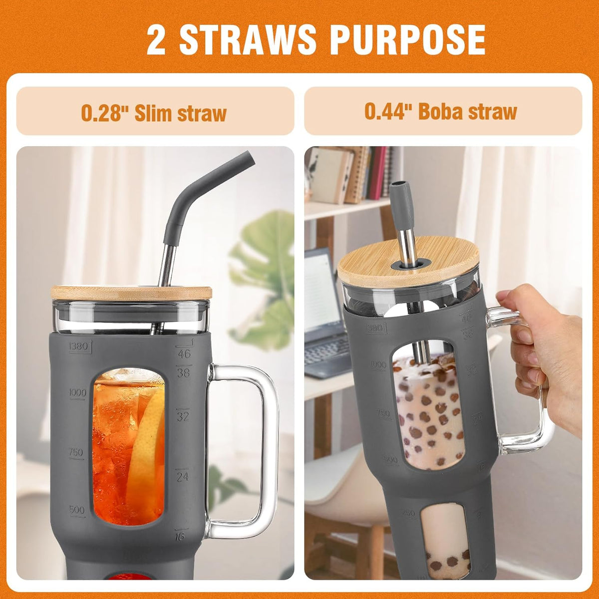 Glass Tumbler with Lid and Straw, 46 oz Iced Coffee Cup with Handle, Large Water Bottles with Silicone Sleeve, Glass Cup with Straws - Pearl Straw & Drinking Straw BPA Free-Grey