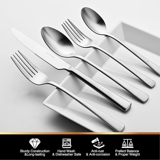 KINGSTONE Forged Silverware Set, 20 Piece Flatware Set for 4, 18/10 Stainless Steel Silverware Matte Satin Finish Dishwasher Safe