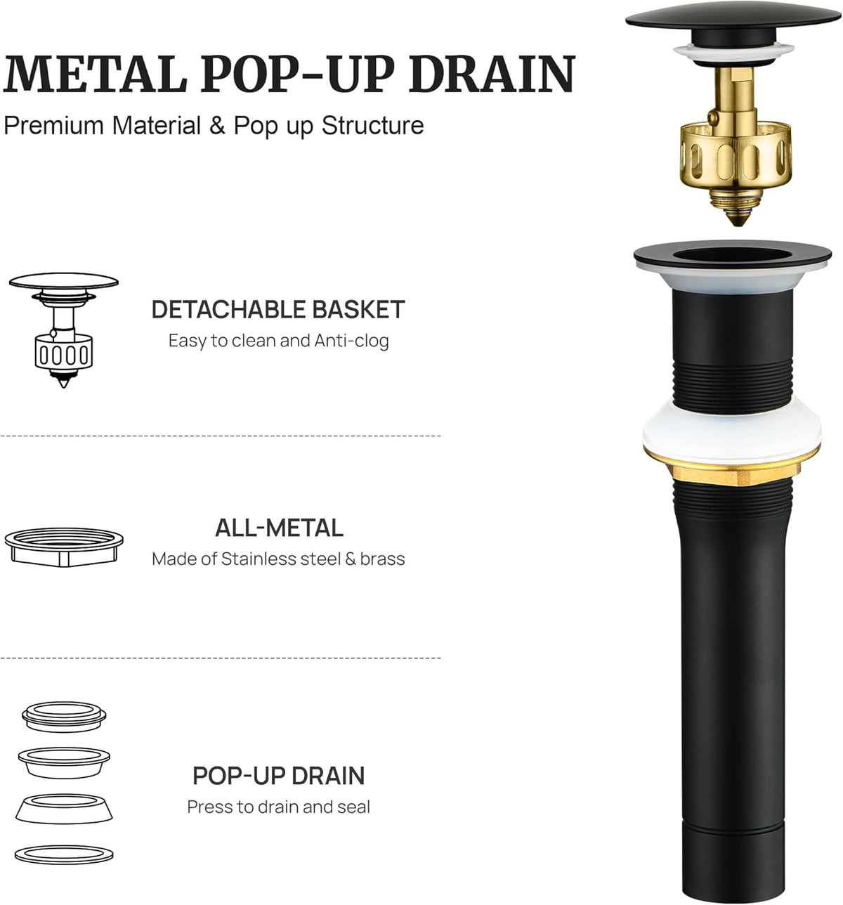 Pop up Sink Drain Stopper for Bathroom Vessel Vanity Sink Art Basin Matte Black, Big Cap Without Overflow, Metal Pop-up Drain Strainer with Detachable Basket Stopper