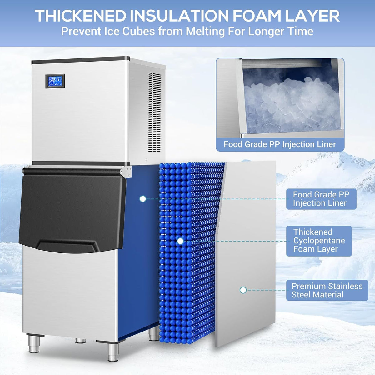 Commercial Ice Maker Machine 150Lbs/24H with 2 Water Inlet Modes, 36Pcs Ice Cubes in 8-15 Mins, Stainless Steel Under Counter/Freestanding Ice Machine with 25Lbs Storage Bin for Home/Shop/Office/Bar