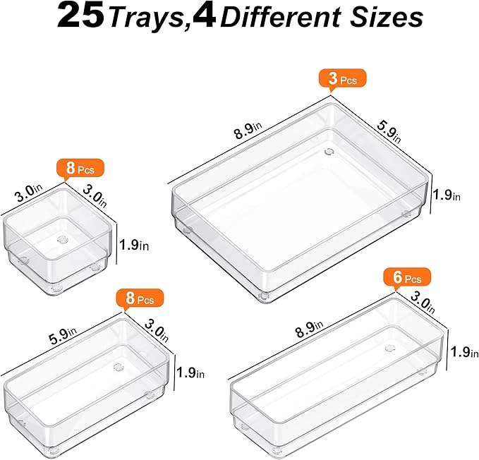 SMARTAKE 25-Piece Drawer Organizer with Non-Slip Silicone Pads, 4-Size Desk Drawer Organizer Trays Storage Tray for Makeup, Jewelries, Utensils in Bedroom Dresser, Office and Kitchen (Clear)