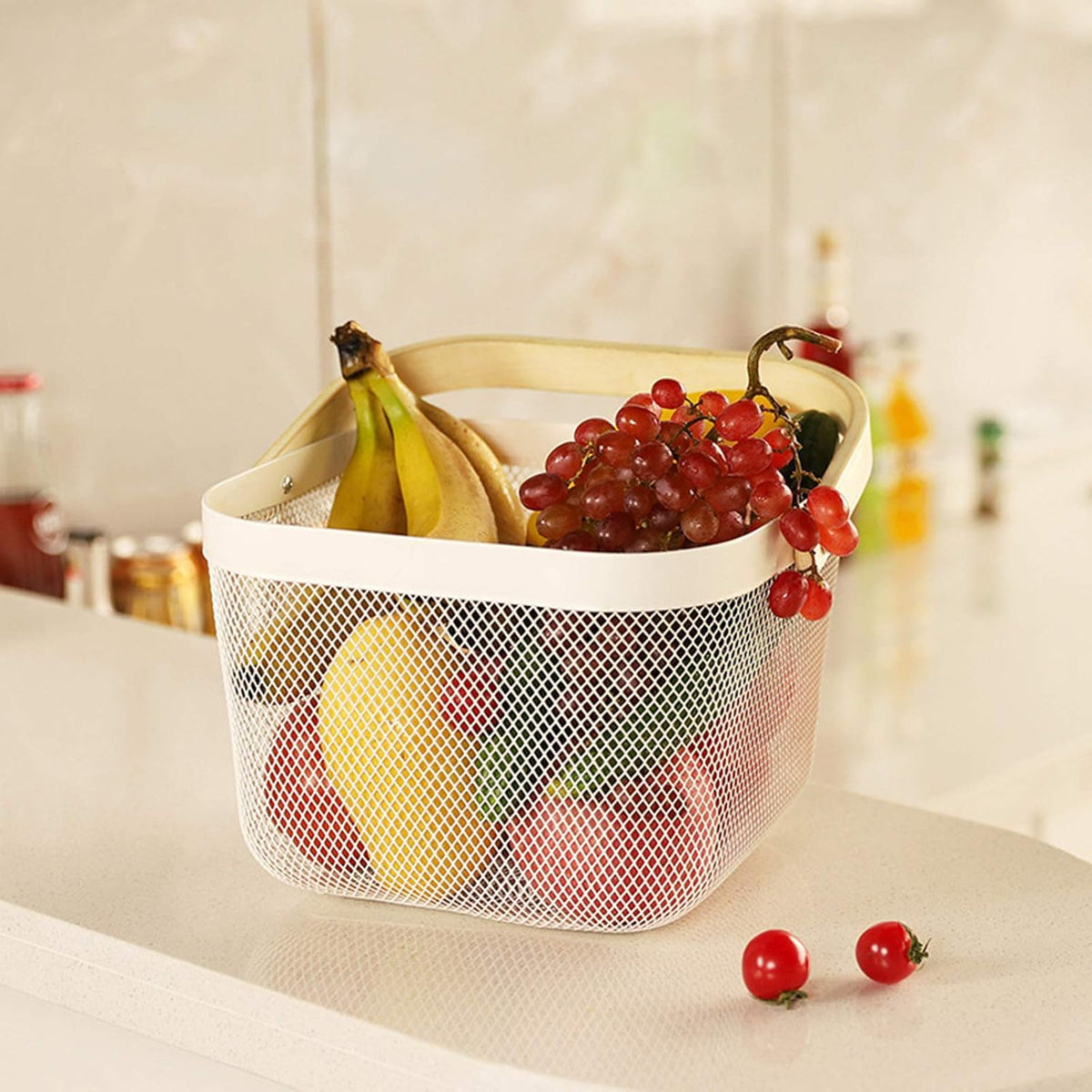 Metal Mesh Steel Basket, Storage Organizer Basket Multi-functional Hanging Kitchen Baskets Fruit Basket Bin with Bamboo Handle for Kitchen Bathroom Picnic Shopping Decor Cabinet Home, Beige