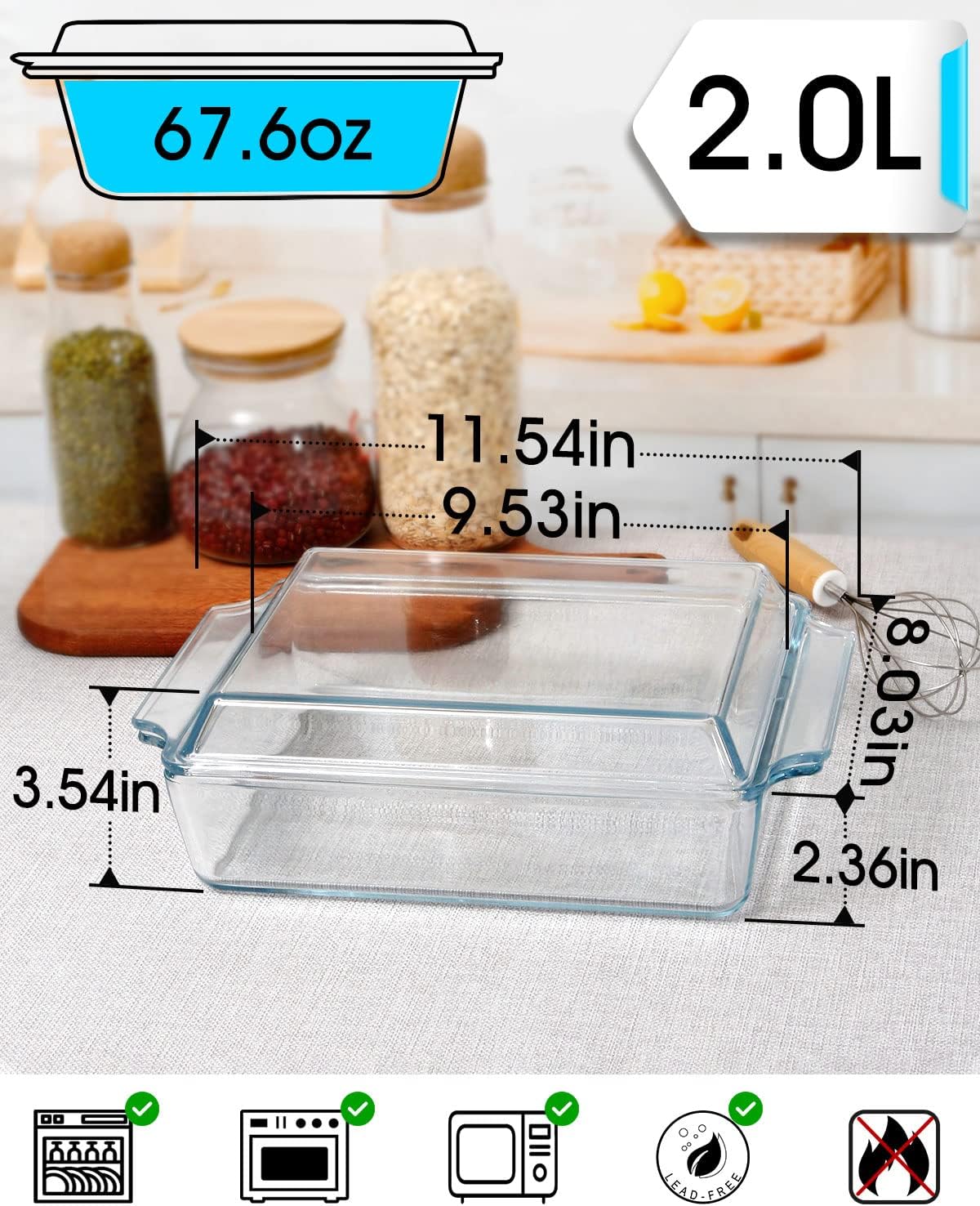 NUTRIUPS 8 x 9.5 Inches Rectangular Glass Casserole Dish With Glass Lid 2 Quart Glass Bakeware Glass Microwave Casserole Dish Glass Baking Dish with Lid