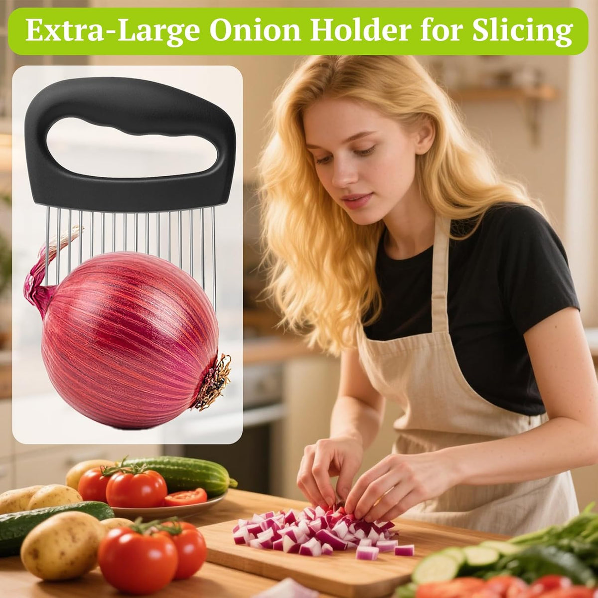Suuker Extra-Large Onion Holder for Slicing, Onion Chopper Vegetable Cutter, Large Tomato Slicer with 16 Long Needles, Stainless Steel Meat Tenderizer Tool, Food Slicer Guide Kitchen Gadgets