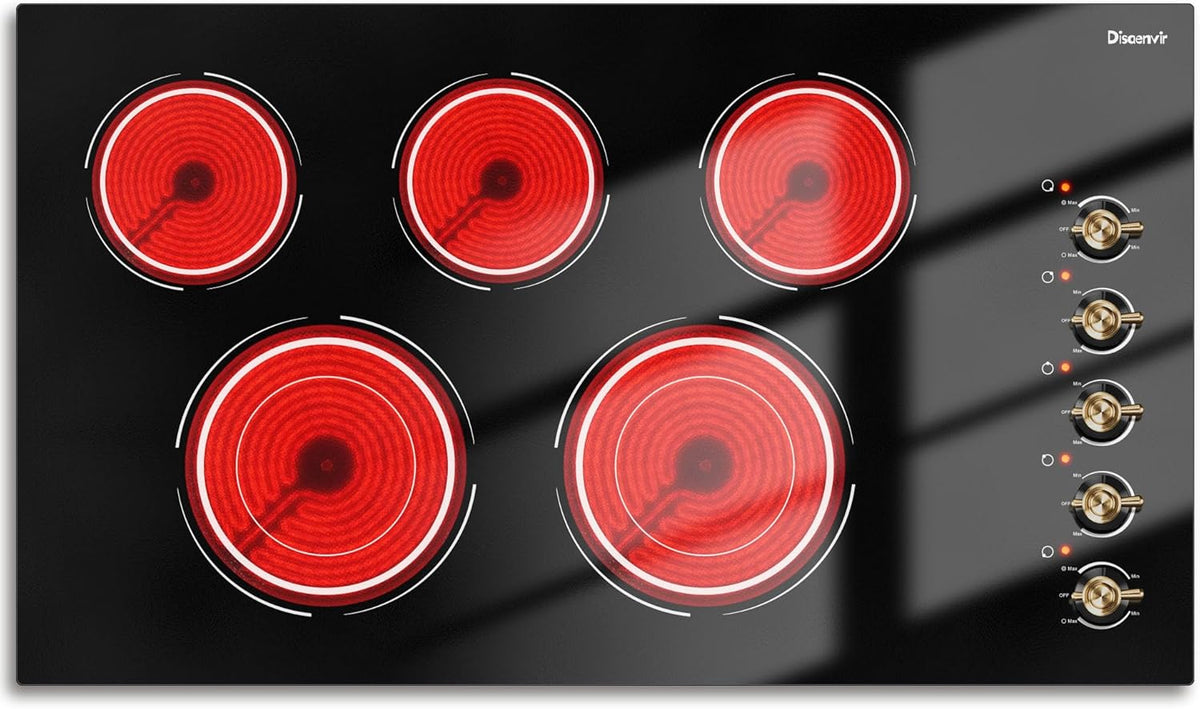 Electric Cooktop 36 Inch - 5 Burner Electric Stove Top with 8400W, 36 Inches Built-in Ceramic Stove with Two Dual Rings, Overheat Indicator, Knob Control, 220V - 240V Hard Wired (No Plug)
