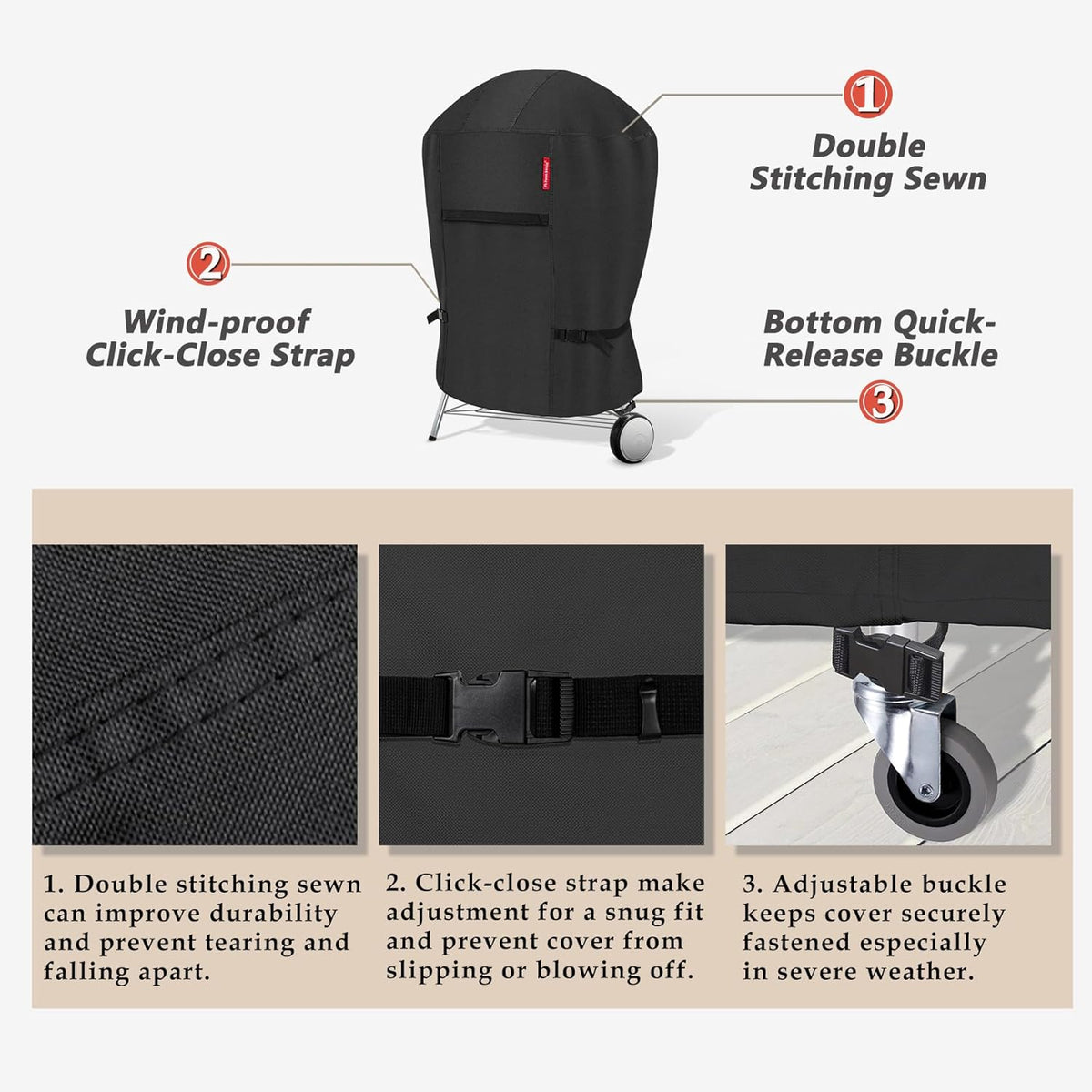 Porch Shield Outdoor Charcoal Kettle Grill Cover 26 inch Waterproof 600D Round Smoker Cover Fits Most Kettle Grill 33" Dia x 38" H, Black