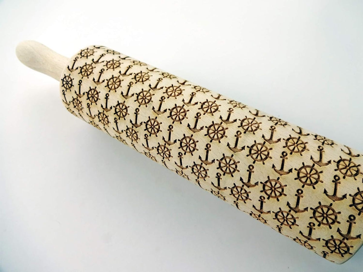 EMBOSSING ROLLING PIN MARINE LASER ENGRAVED WOODEN DOUGH ROLLER GIFT FOR FRIEND SAILOR