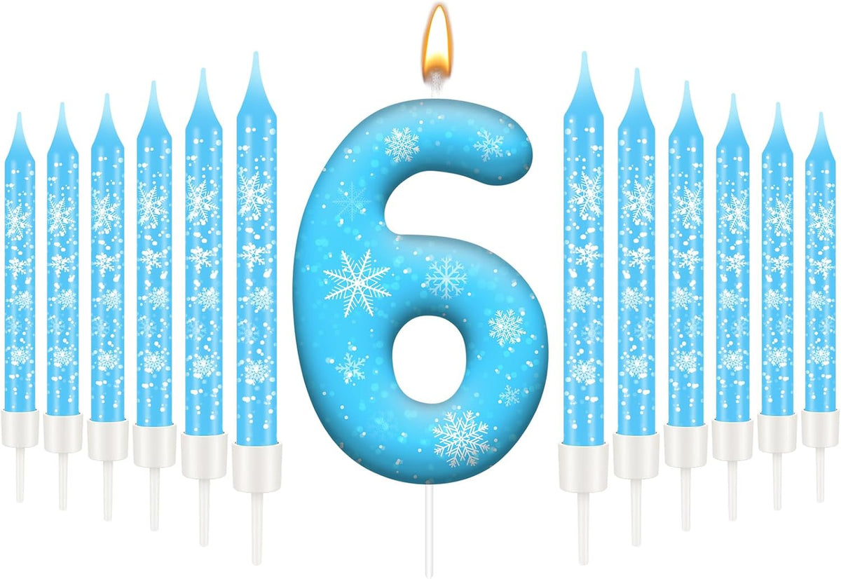 13PCS White and Blue Frozen Themed Party Birthday Candles Set - Blue Number Candles Snowflake Themed Decorations, Girls Party Supplies(Number 6)