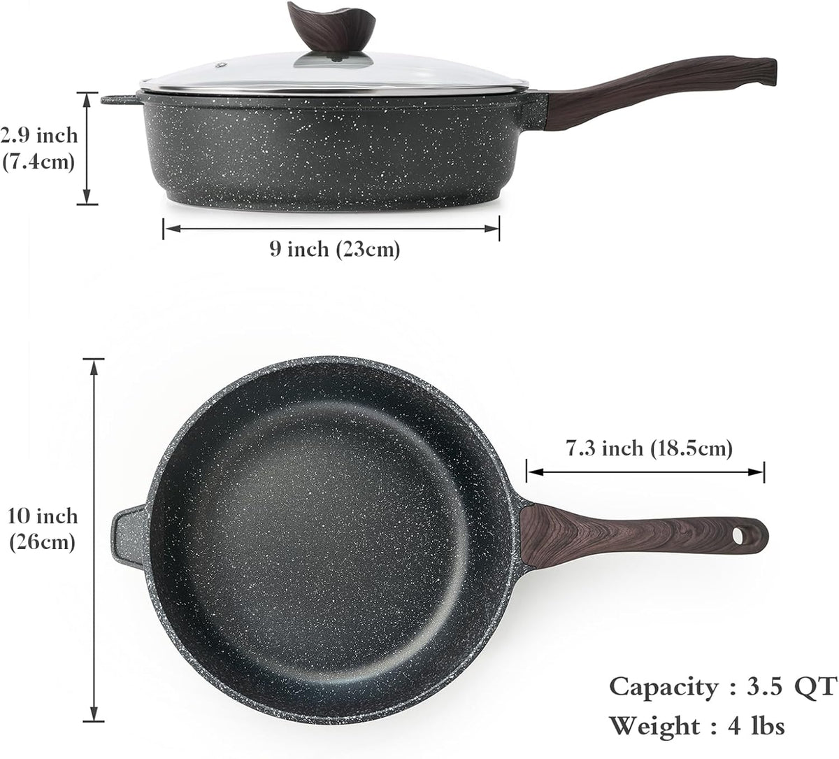 Nonstick Deep Frying Pan with Lid, 10 Inch Non Stick Skillet, Saute Pan for Cooking, Healthy Induction Cookware, PFOA Free