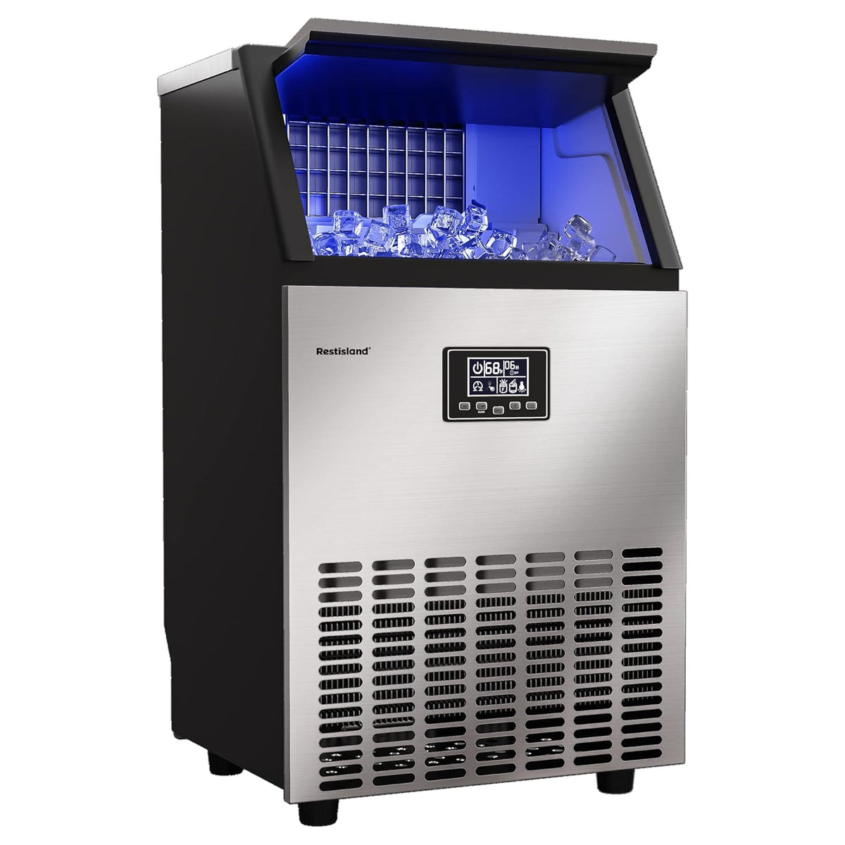 Commercial Ice Maker Machine, 100 lbs /24 h, 33 lbs Storage Bin, Stainless Steel, Compact, Embedded, Self-Cleaning, Perfect for Home/Office/Shop/Cafe, Includes Ice Scoop, Connection Hose