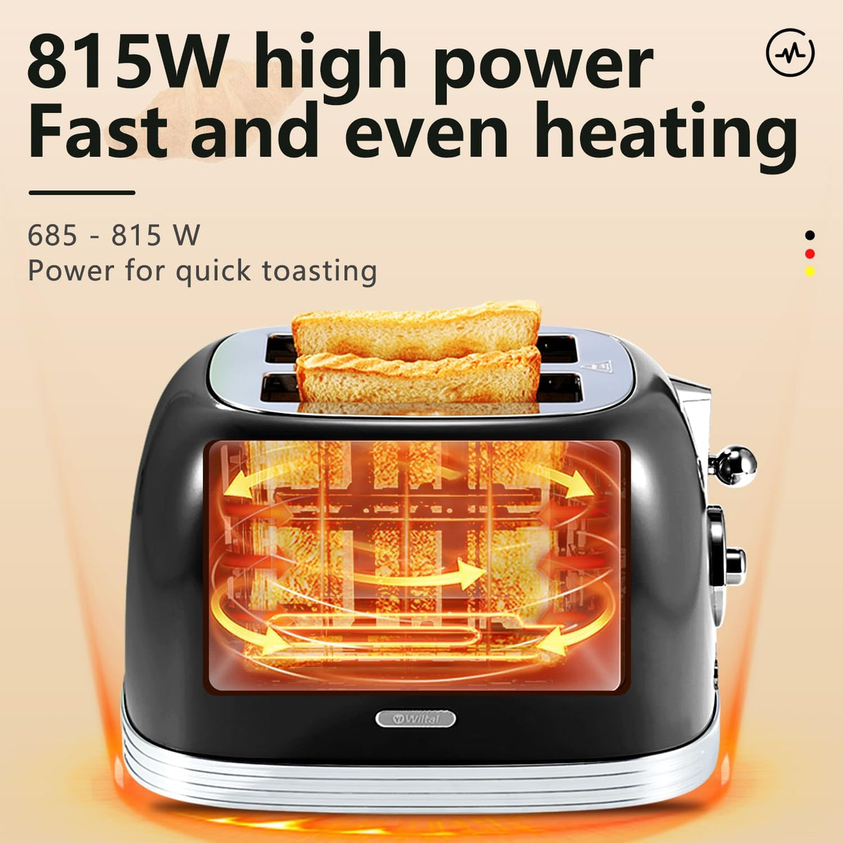 Glossy Black Cute Retro Toaster 2 Slice with 1.58" Wide Slots, Bread toaster with Cover and Warm Rack, Stainless Steel Toaster with Removable Crumb Tray, Preheat, Defrost, Cancel Function