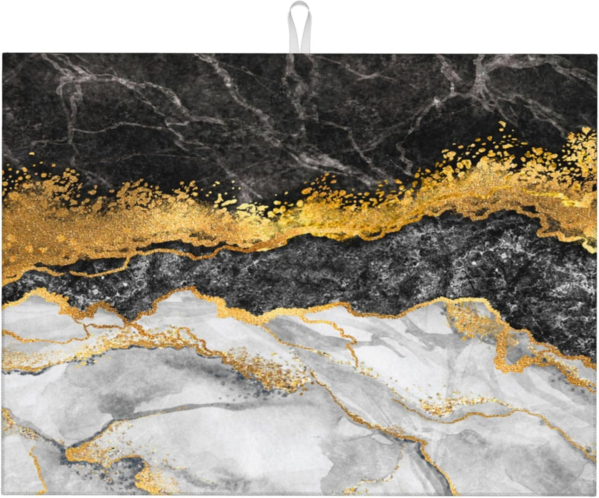Gold and Black Grey Kitchen Drying Mat Black Gold Marble Decor Microfiber Dish Drainer Mat for Kitchen Counter Absorbent Reusable Washable 18x24 Inch