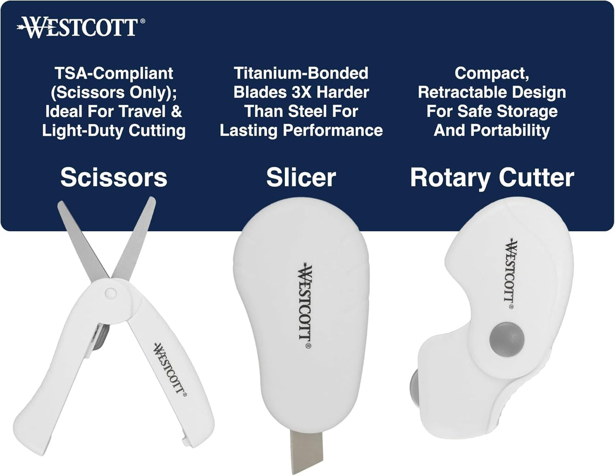 Westcott Titanium-Bonded Mini 3-Piece Travel Set - Folding Scissors for Fabric and Paper, Slicer & Rotary Cutter for Fabric
