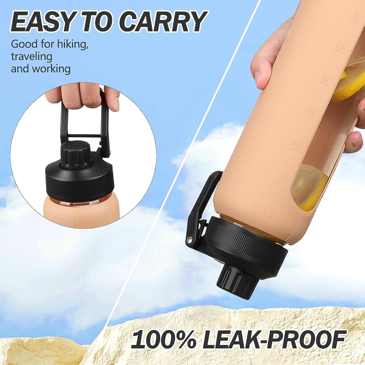 32oz Glass Water Bottle with Straw and 2 Lids- Bamboo Straw and Spout Lid with Phone Holder for Gym, Glass Drinking Bottles with Silicone Sleeve and Motivational Time Marker, Amber