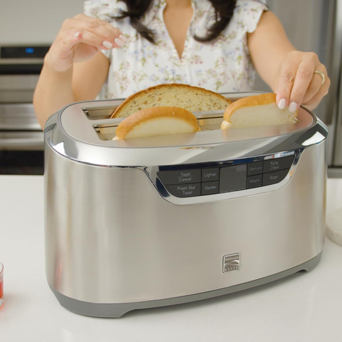 Kenmore Elite toaster 4-slice -wide slot countertop stainless steel Auto lift toasters, grill or toast bread bagel & buns, commercial easy tray clean function with compact pop up tostadora de pan