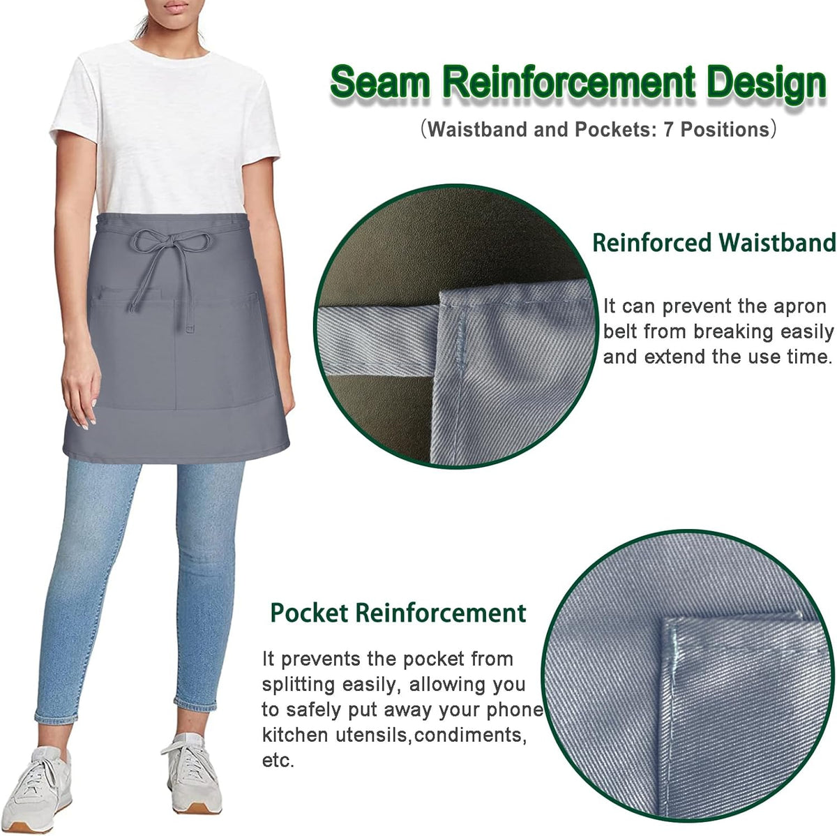 4 Pack Short Server Waitress Chef Apron, Grey Waist Aprons with 3 Pockets for Women Men, Half Apron for Waiter Cooking Dishwashing Cleaning Painting Gardening Barbecue (Polycotton - Grey)
