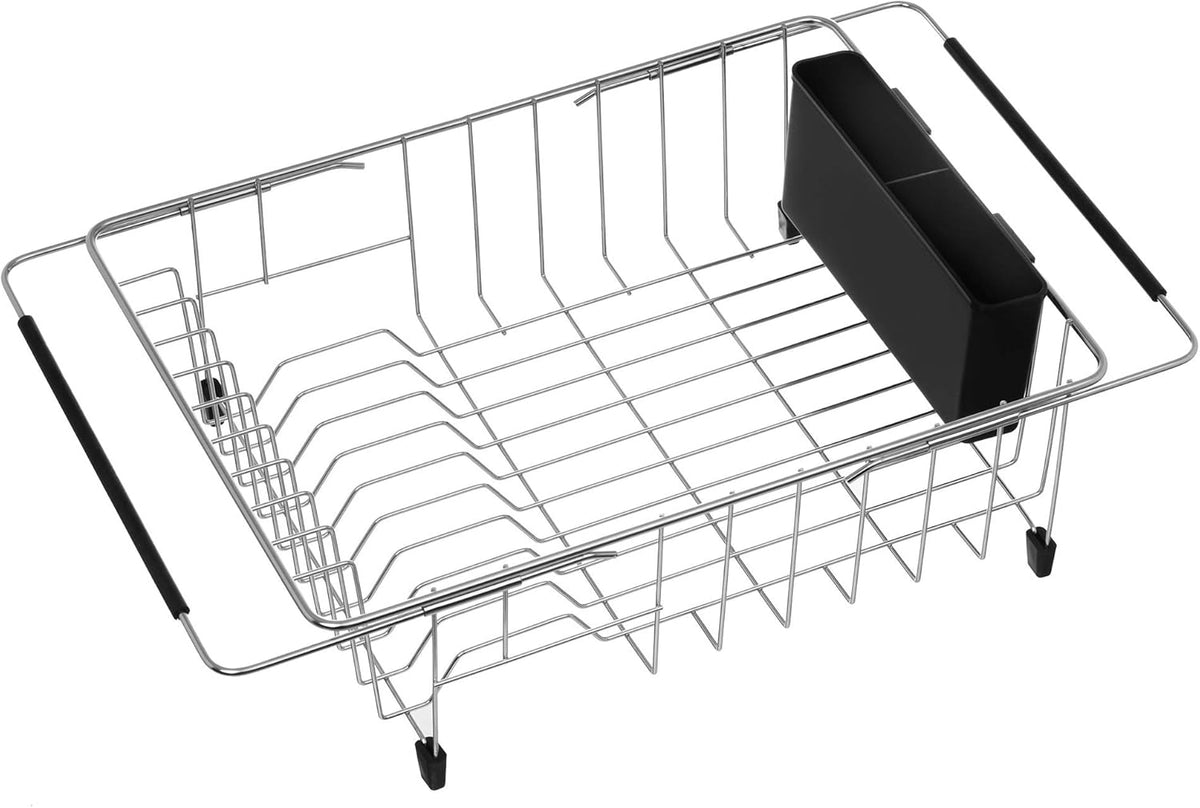 iPEGTOP Expandable Multifunctional Dish Drying Rack, Over The Sink, in Sink Or On Counter Dish Drainer Basket Shelf with Black Utensil Silverware Holder, Rustproof Stainless Organizer