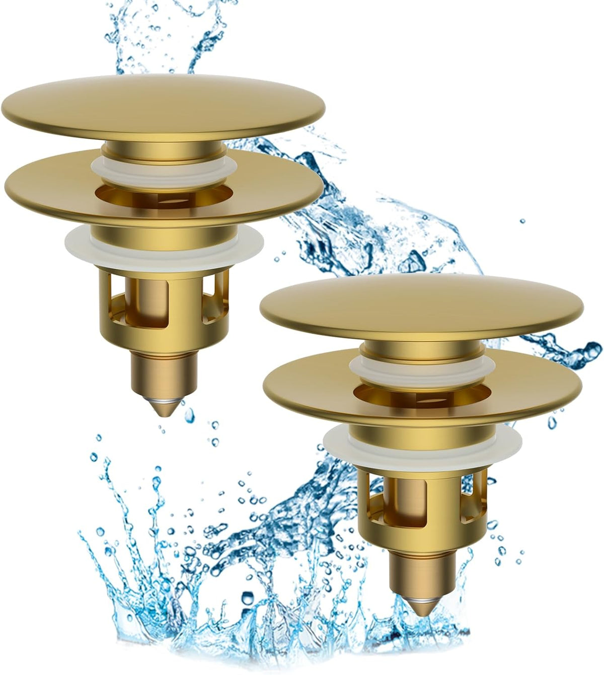 Hibbent 2 Pack All Metal Bathroom Sink Stopper, Universal Pop Up Drain Strainer, Brass Bullet Core Push Type Sink Stopper for 1.1''~2.3'' Basin, Big Push Button, Anti Clogging Filter, Brushed Gold