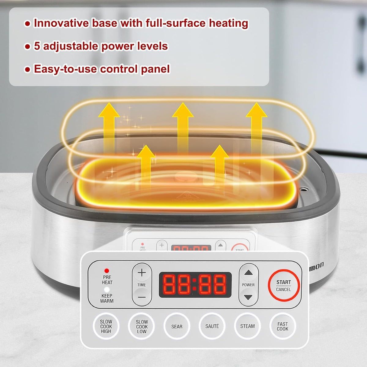 Electric Dutch Oven Multi-Cooker, 5.8QT Enameled Cast Iron Pot - 1250W Fast Heating, 6 Preset Functions, Digital Display & Keep Warm, Oven Safe Pot To 392℉, with Removable Pot, Steam Rack