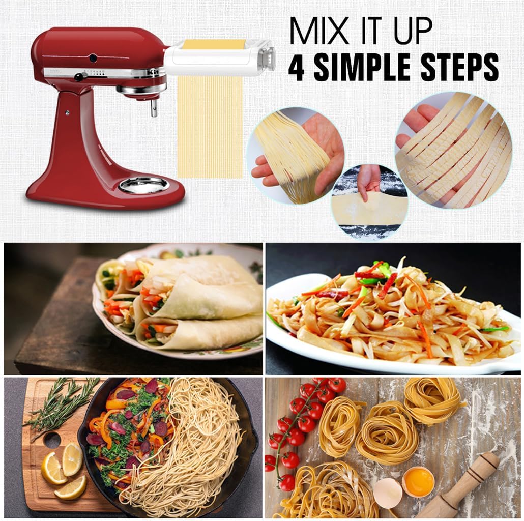 Pasta Maker Accessories Mixers 3 in 1 Set for KitchenAid Stand Mixer Attachments Include Pasta Roller, Spaghetti,Fettuccine Cutter, 8 Adjustable Thickness Settings，Pasta Maker Attachment
