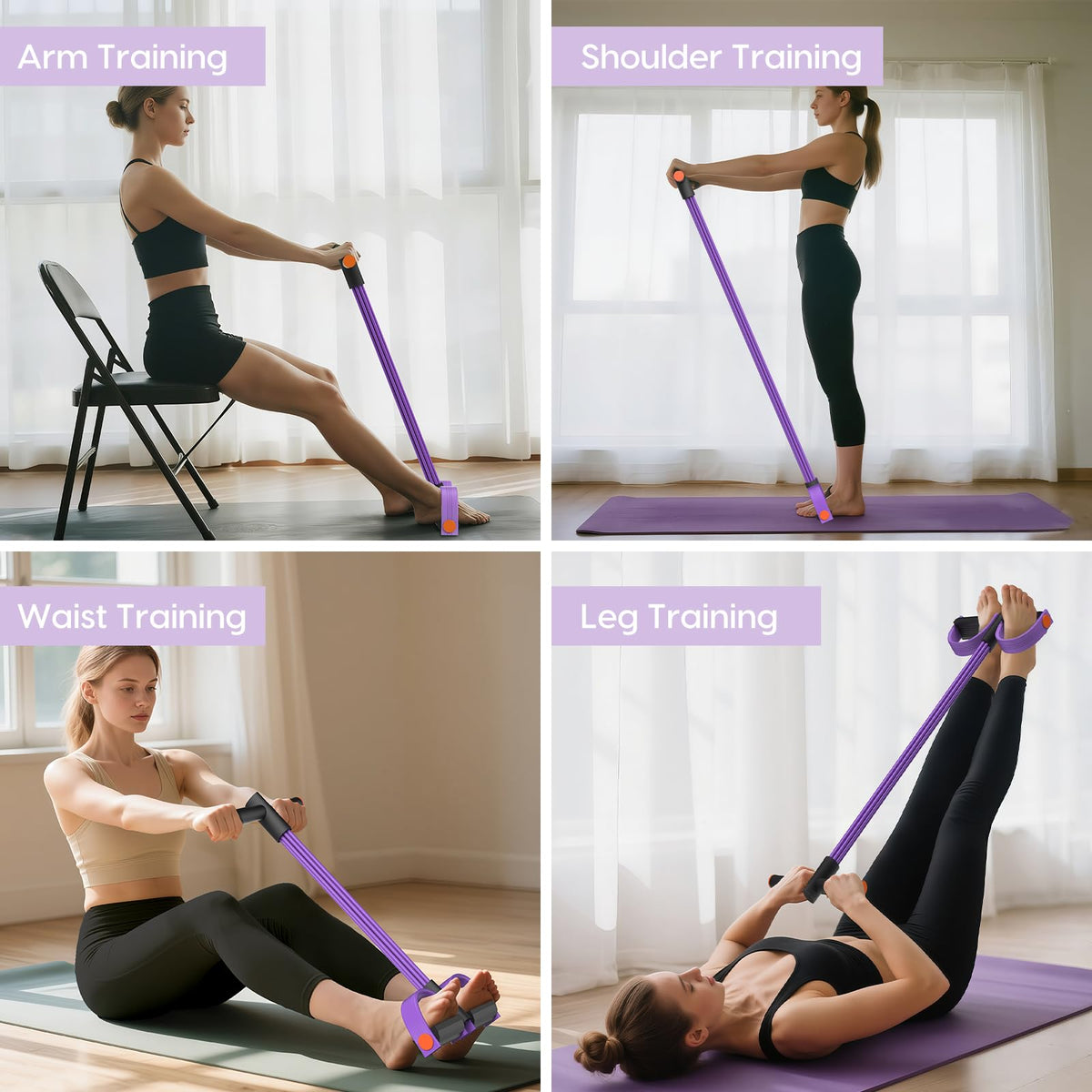 Pedal Resistance Band with Handles, 6-Tubes Natural Rubber Exercise Bands