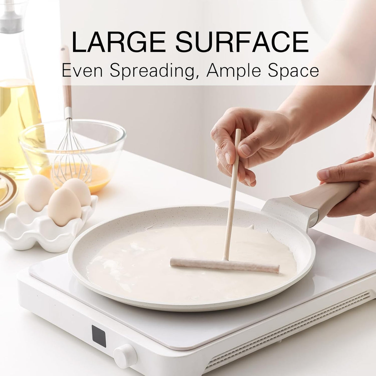 Crepe Pan Nonstick, 10 Inch Healthy Coating Comales para Tortillas Dosa Pan with Spreader, Induction Compatible, PFOA Free (White)