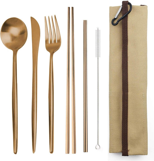 Portable 6 Pieces Flatware Set, 304 Stainless Steel Knife, Fork, Spoon, Chopsticks, Metal Straw, Cleaning Brush, Durable Travel Cutlery Set, Beige Pouch Bag, Rose Gold