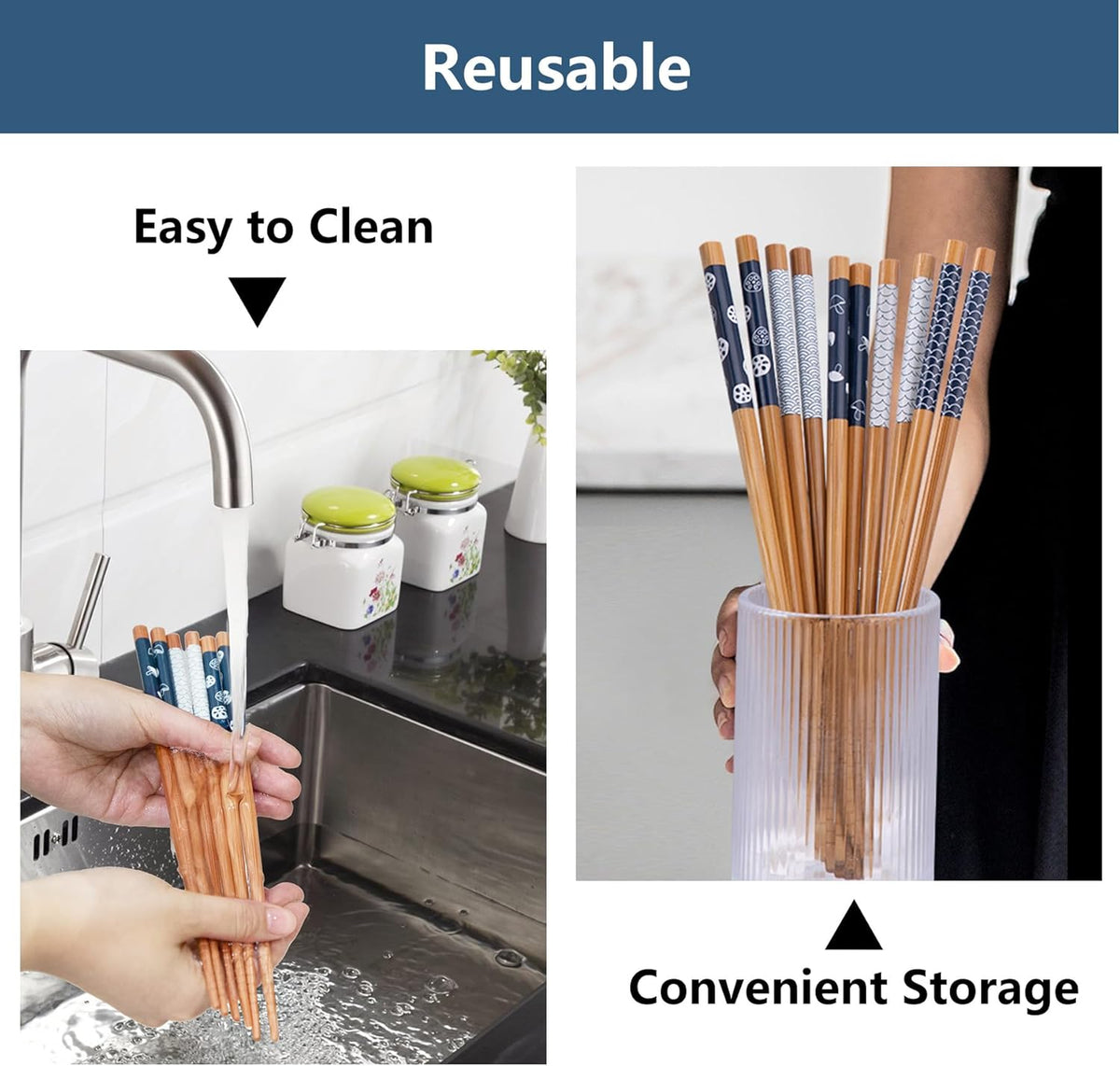 Antner 5 Pairs Bamboo Chopsticks Reusable Chop Sticks Japanese Style Bamboo Chopstick with Black Box Lightweight 8.8 Inch/22.5cm Non-Slip Chopsticks Gift Set