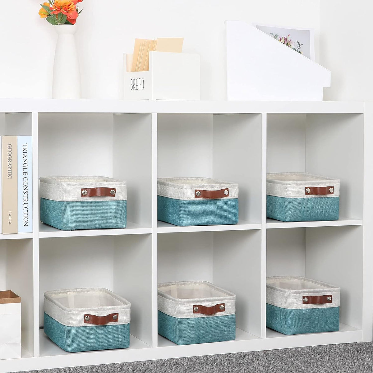 DULLEMELO Storage Baskets Bins for Organizing, Small Fabric Baskets for Shelves, Closets, Nursery, Home, Office, Empty Gift Baskets (6-Pack, White&Teal)