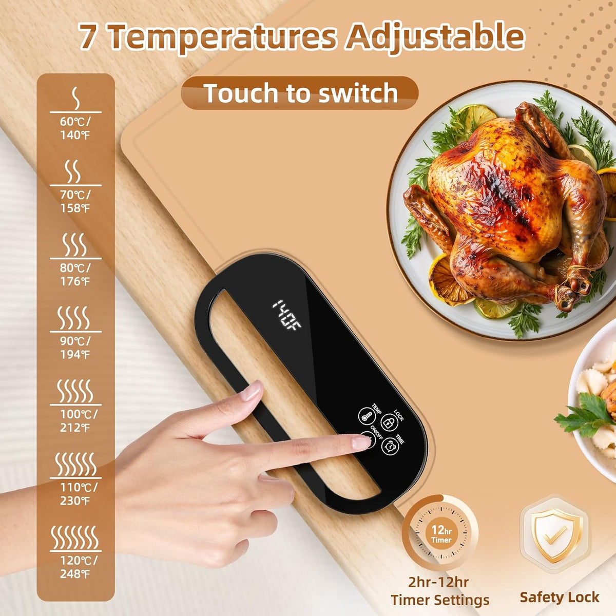 Electric Warming Tray with 7 Adjustable Temperatures, Hanging & Foldable Food Warmer Mat with Child Lock, 11 Timer Settings, Fast Heating Plate for Buffet, Paties, Family Gatherings, Holidays, Brown