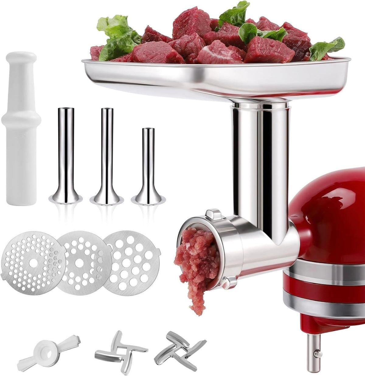 Stainless Steel Food Grinder Attachment for KitchenAid Mixers, Dishwasher Safe Meat Processor Aceesory Included 3 Sausage Stuffer Tubes