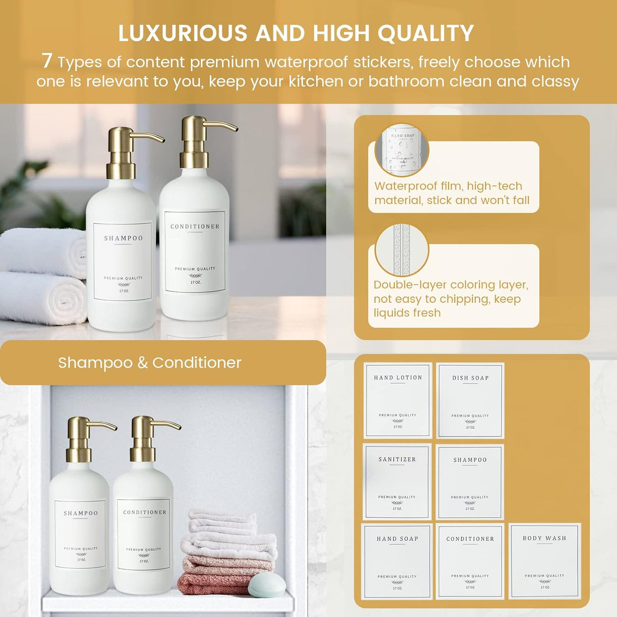 Glass Soap Dispenser for Kitchen, Farmhouse Kitchen Dish Soap Dispenser&Hand Soap Dispenser Set, Rustproof Pump Soap Lotion Dispenser Bathroom with Tray, Waterproof Label for Decor(White