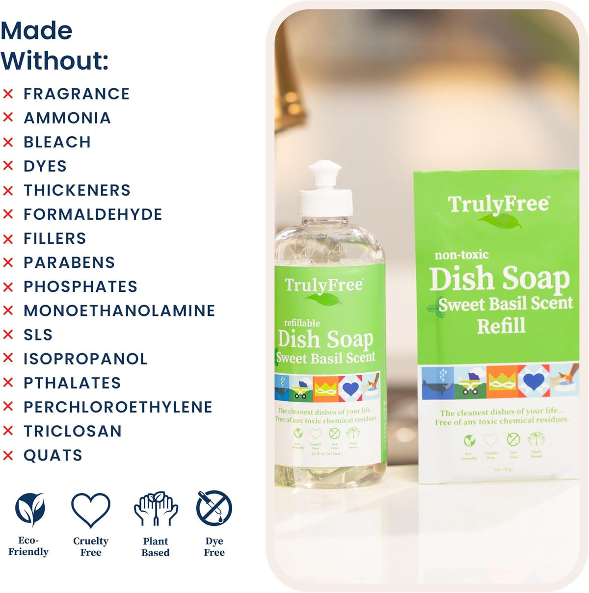 Natural Concentrated Dish Detergent Dishwashing Liquid | Plant-Based Dish Soap | Sweet Basil Fresh Scent | 2 Refill Packs with 1 Empty Refillable Squeeze Bottle (16 Oz)